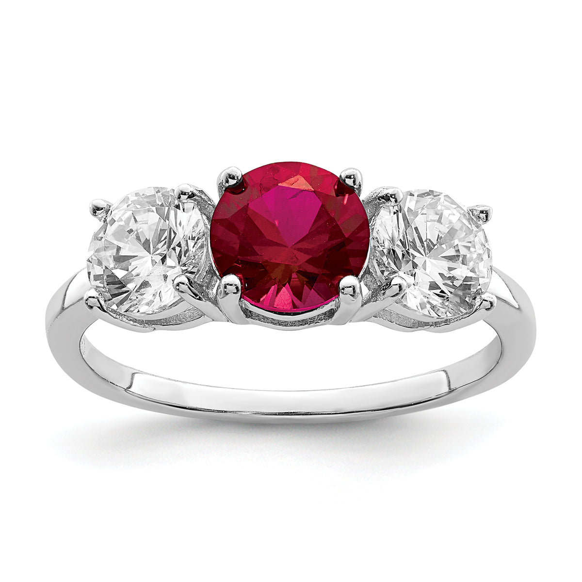 Sterling Silver Rhodium-plated Created Corundum & CZ 3 Stone Ring