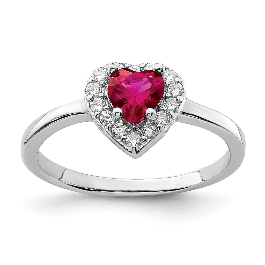 Sterling Silver Rhodium-plated Created Corundum & CZ Heart Ring