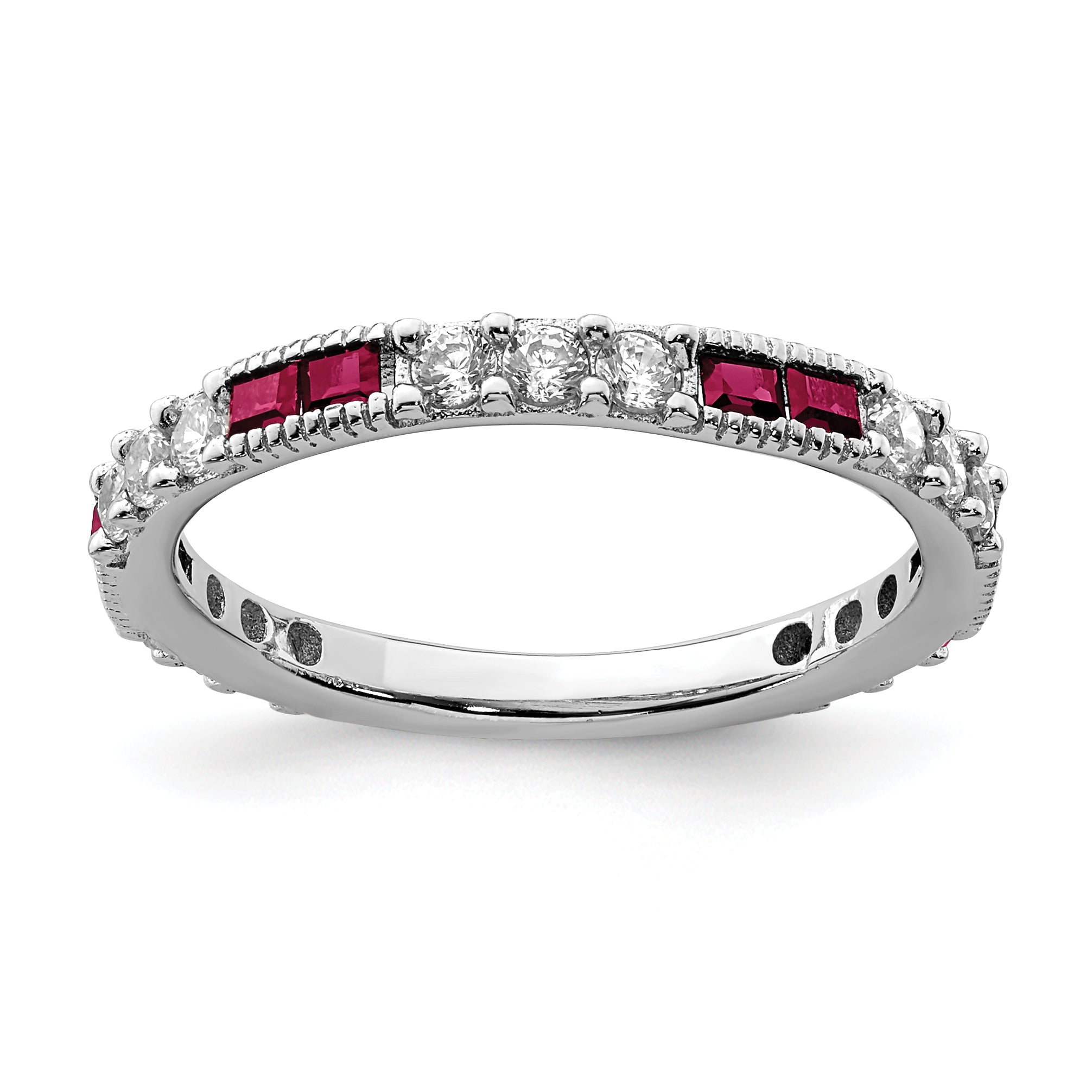 Sterling Silver Rhodium-plated Created Ruby and Round CZ Band Main image