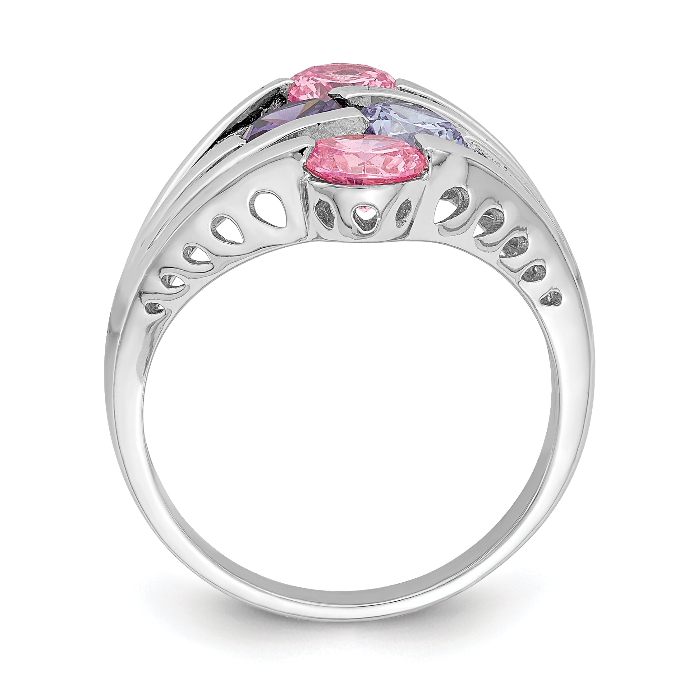 Sterling Silver Rhodium-plated Pink & Purple CZ 4-Bar Ring