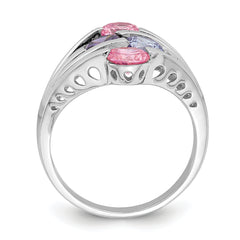 Sterling Silver Rhodium-plated Pink & Purple CZ 4-Bar Ring