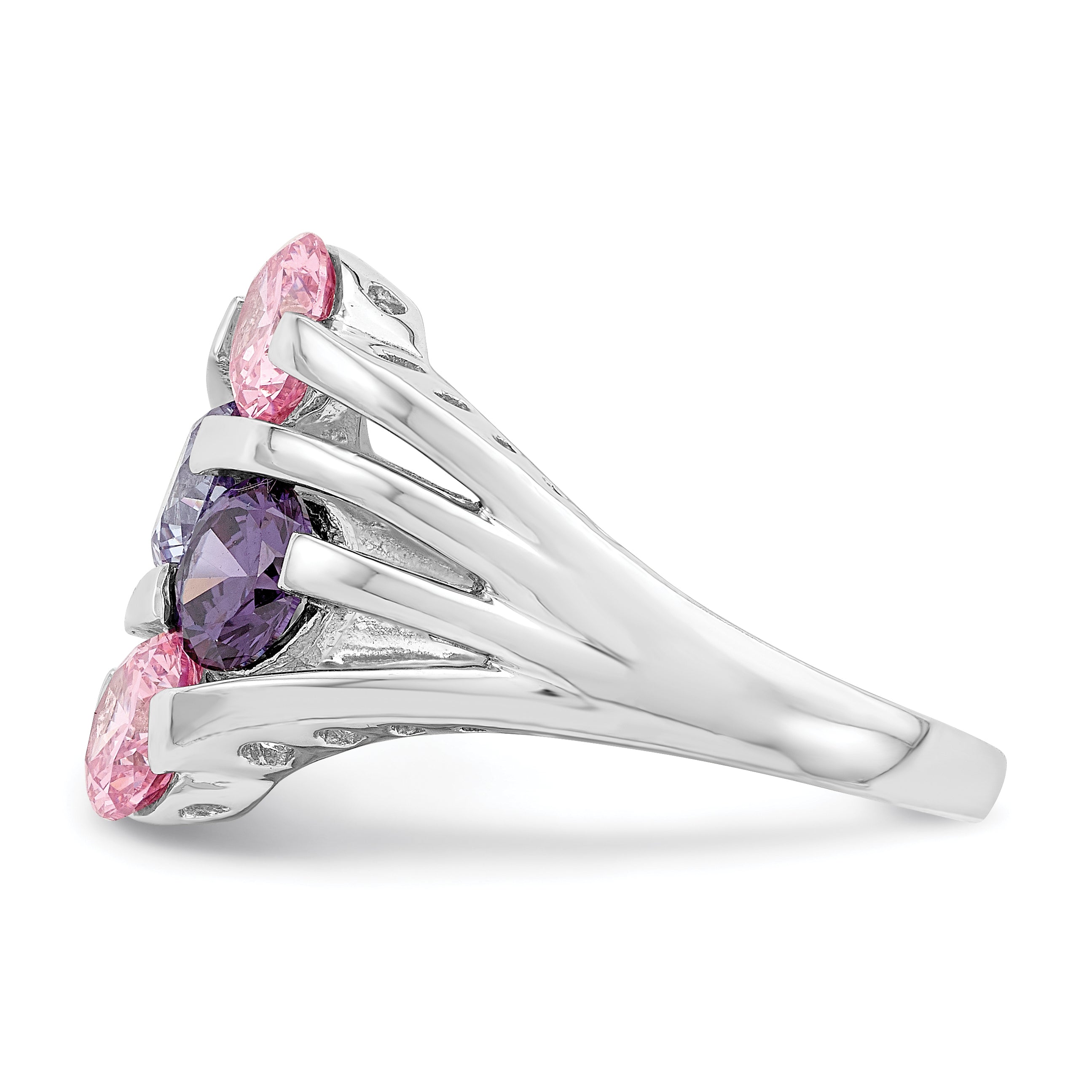 Sterling Silver Rhodium-plated Pink & Purple CZ 4-Bar Ring