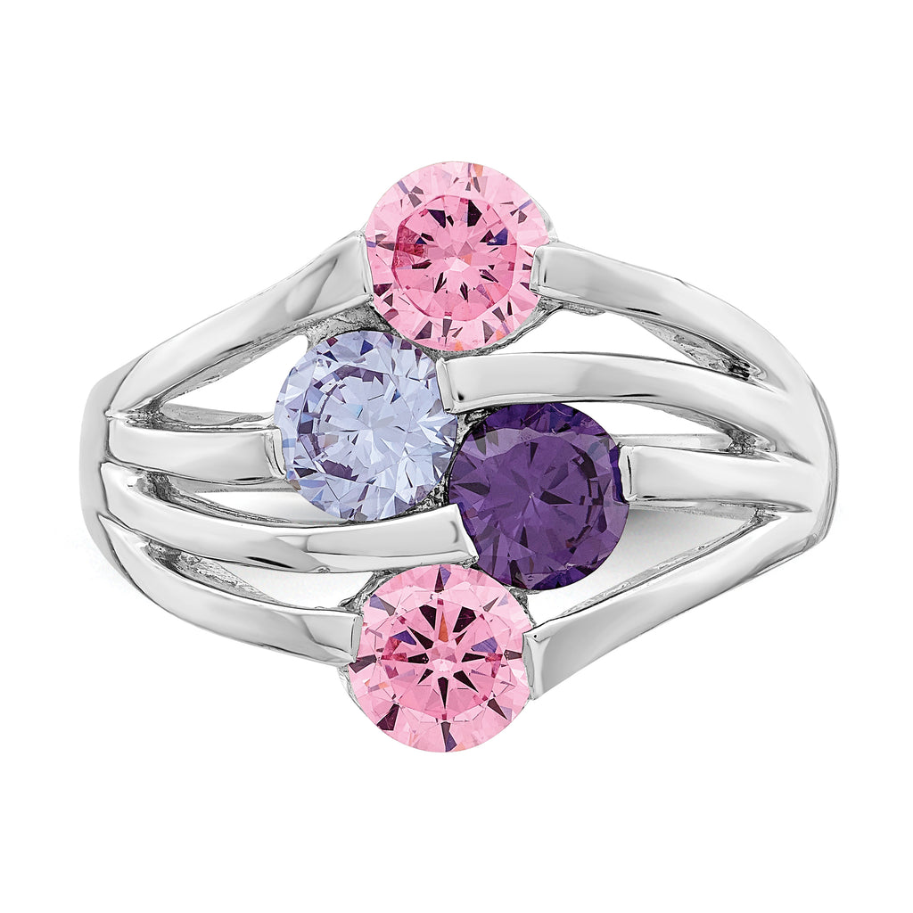 Sterling Silver Rhodium-Plated Pink & Purple Cubic Zirconi 4-Bar Ring
