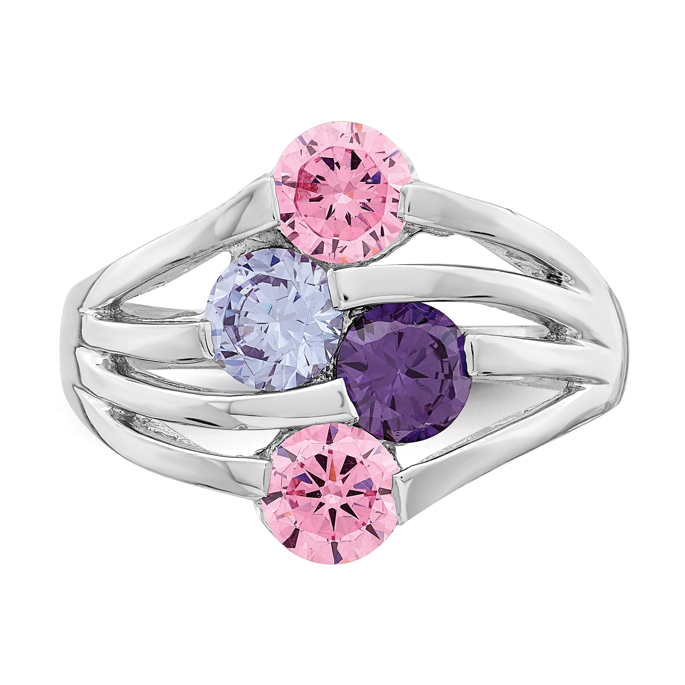 Sterling Silver Rhodium-Plated Pink & Purple Cubic Zirconi 4-Bar Ring