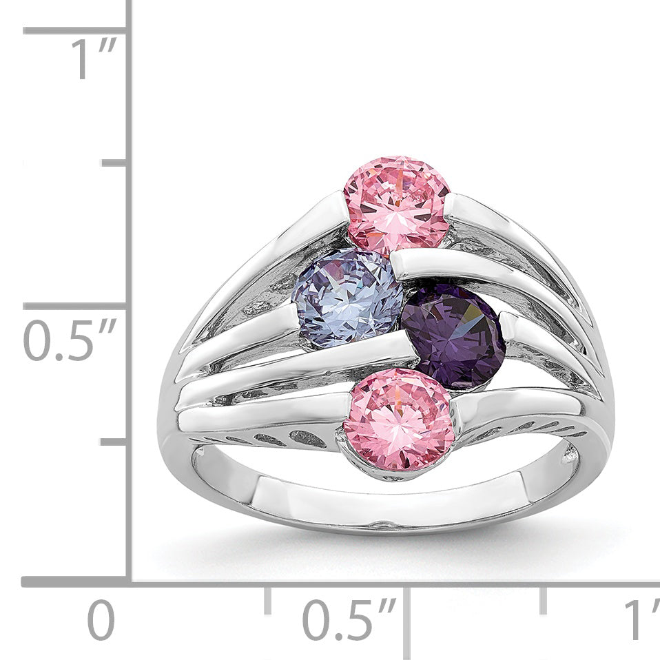 Sterling Silver Rhodium-plated Pink & Purple CZ 4-Bar Ring