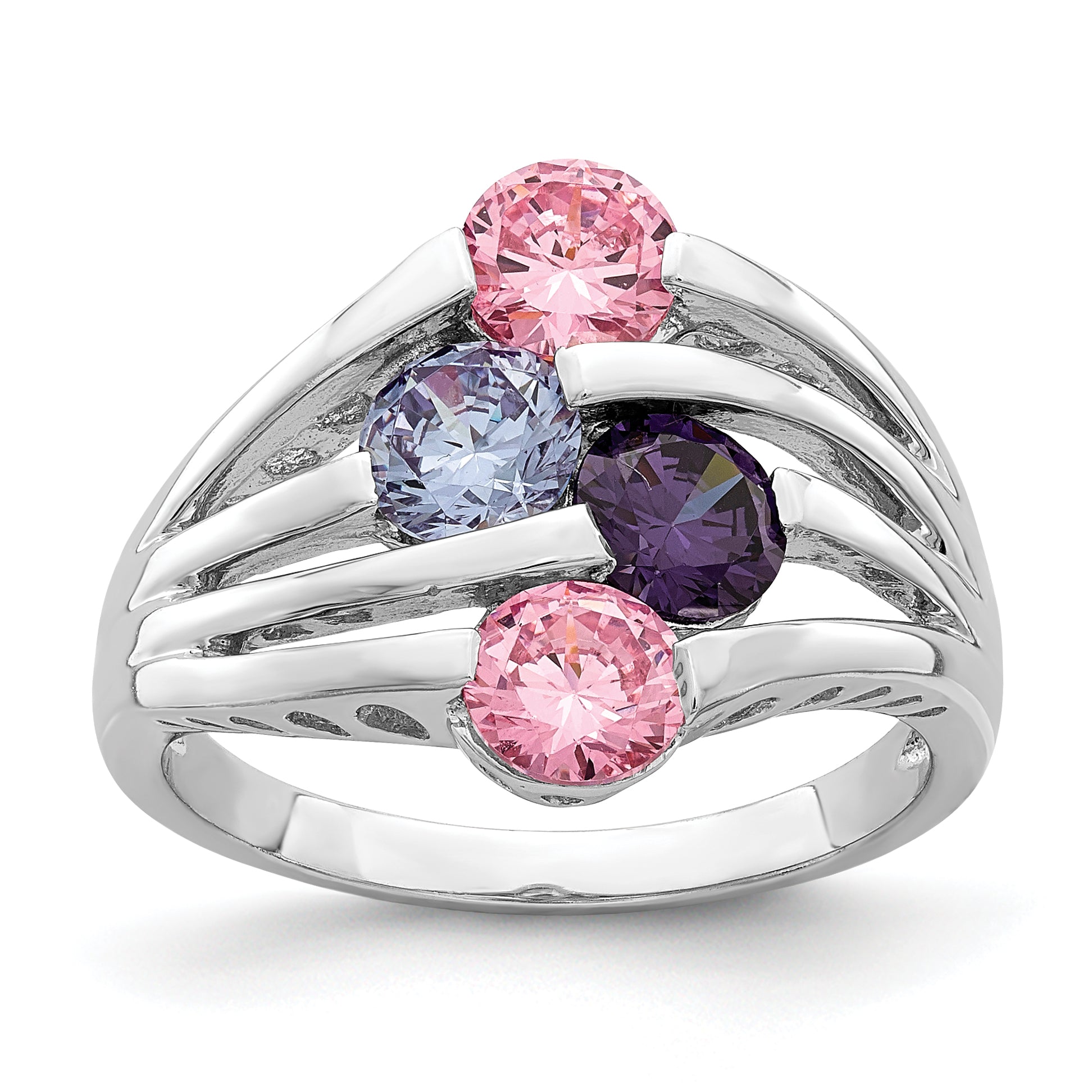 Sterling Silver Rhodium-Plated Pink & Purple Cubic Zirconi 4-Bar Ring