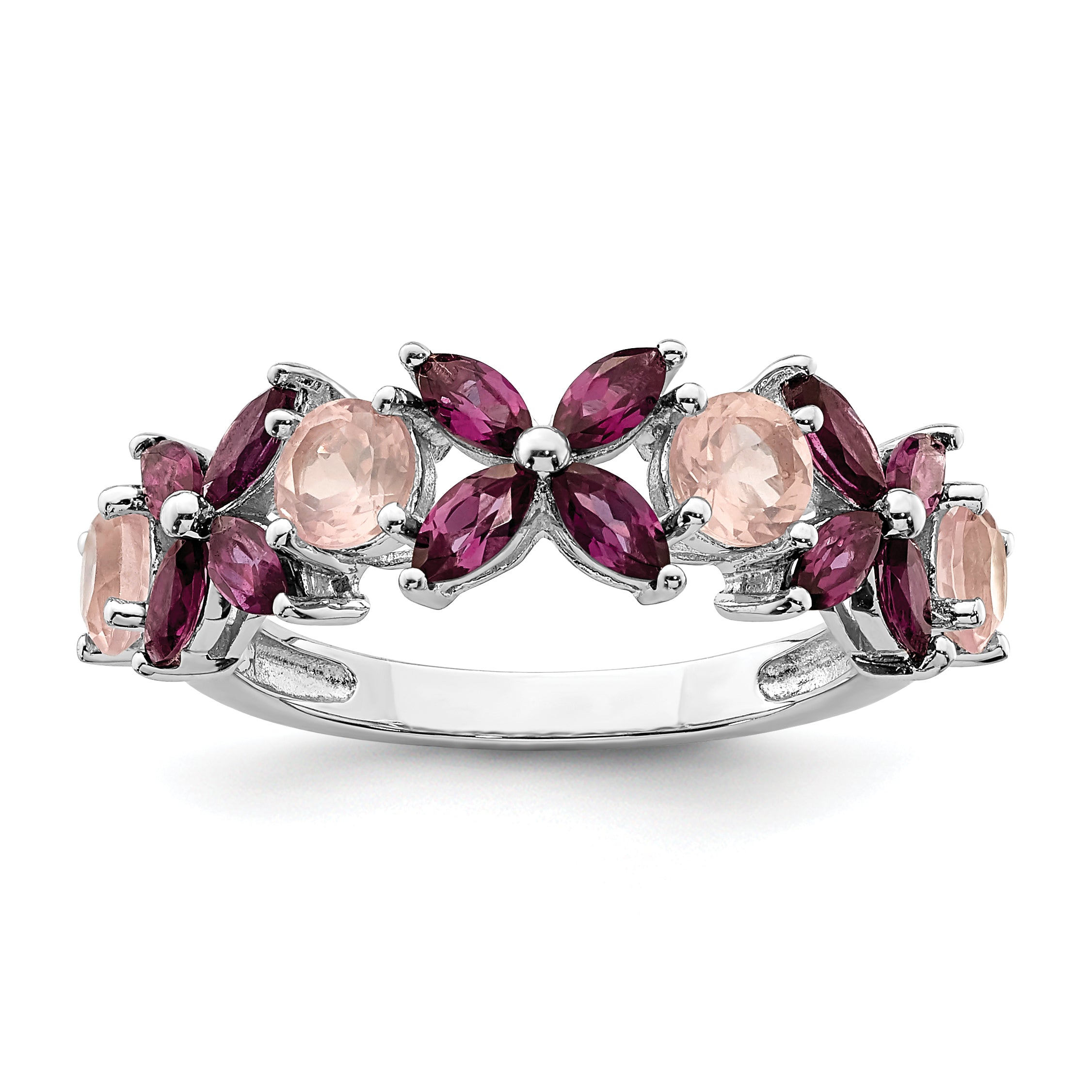 Sterling Silver Rhodium-plated Rose Quartz & Rhodolite Ring Main image