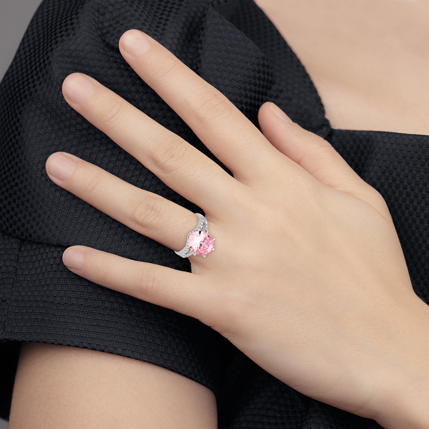 Sterling Silver Rhodium-Plated 12x10 Oval Pink & White Cubic Zirconi Ring