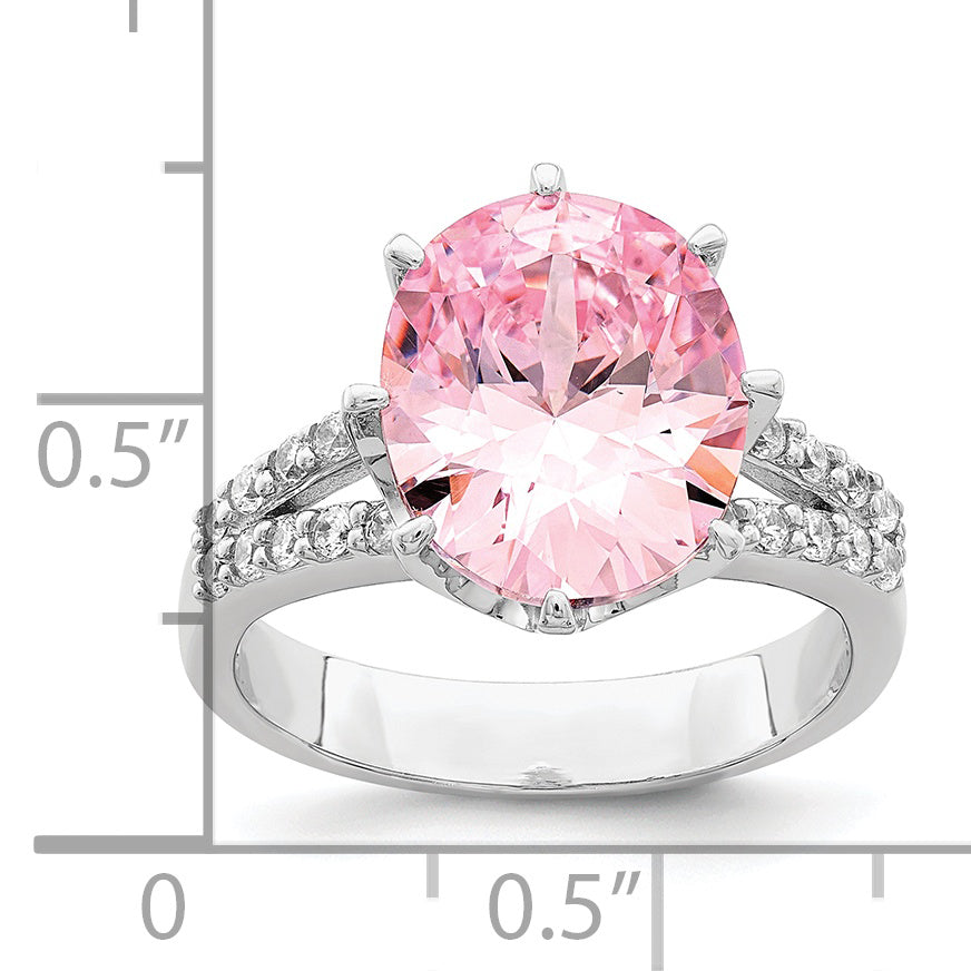 Sterling Silver Rhodium-Plated 12x10 Oval Pink & White Cubic Zirconi Ring