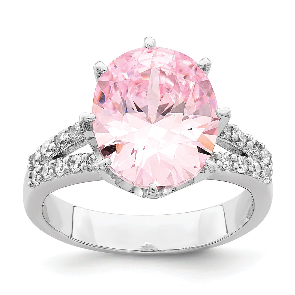 Sterling Silver Rhodium-Plated 12x10 Oval Pink & White Cubic Zirconi Ring