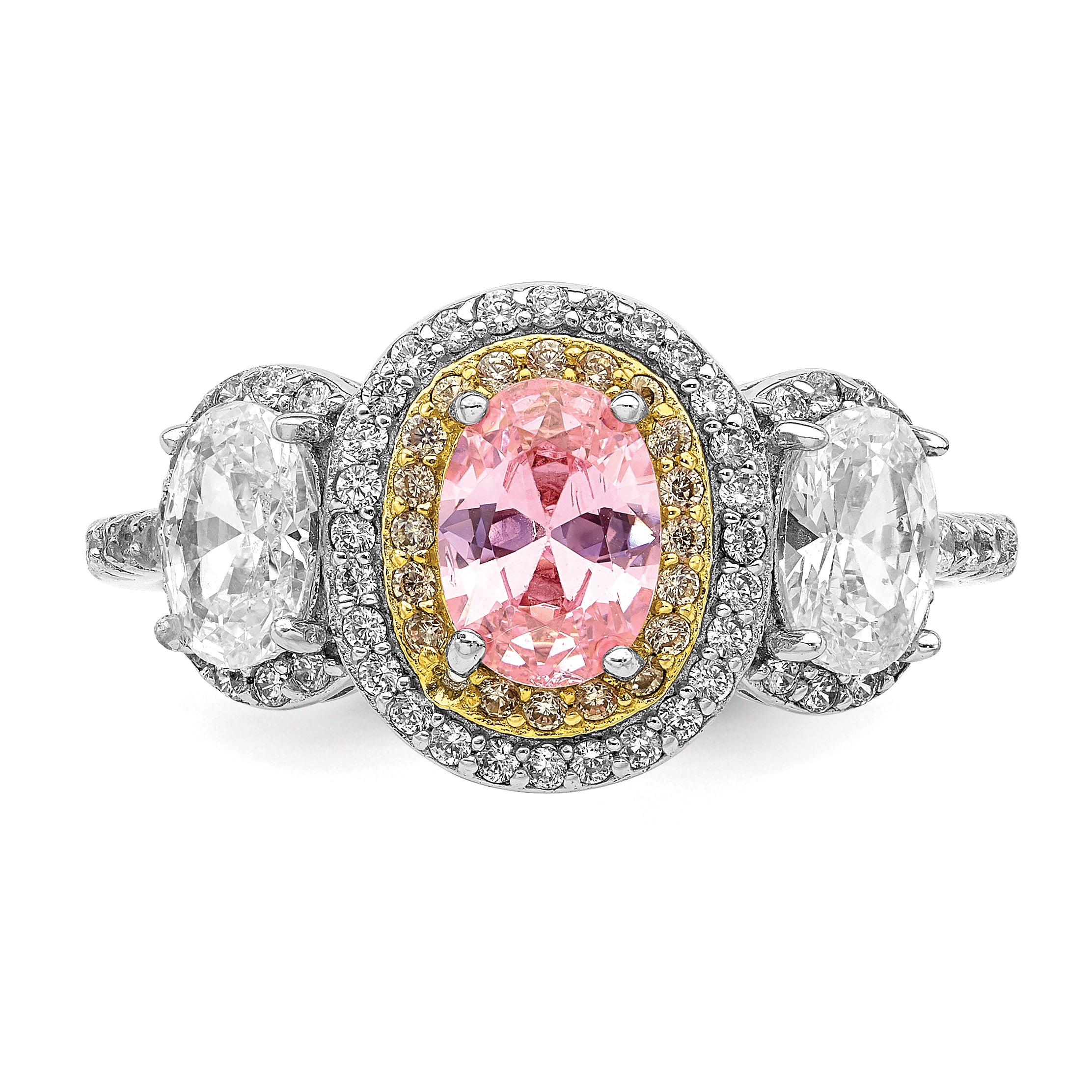Sterling Silver Rhodium-plated Pink, White, & Yellow CZ Oval Cut Ring