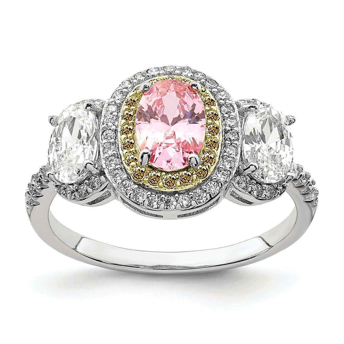 Sterling Silver Rhodium-plated Pink, White, & Yellow CZ Oval Cut Ring