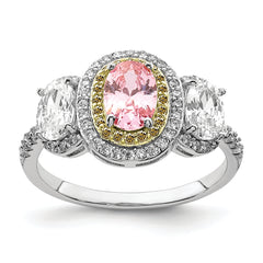 Sterling Silver Rhodium-plated Pink, White, & Yellow CZ Oval Cut Ring