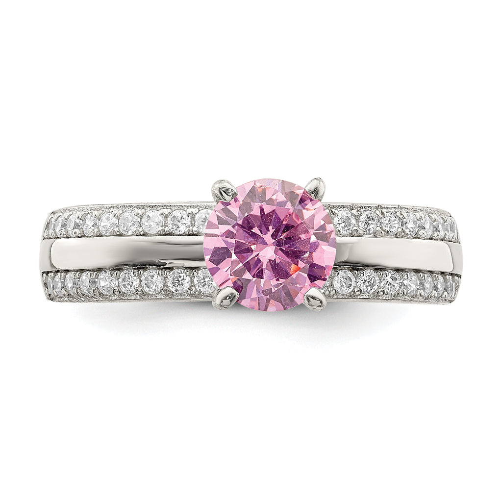 Sterling Silver Rhodium-Plated Pink and Clear Cubic Zirconi Ring