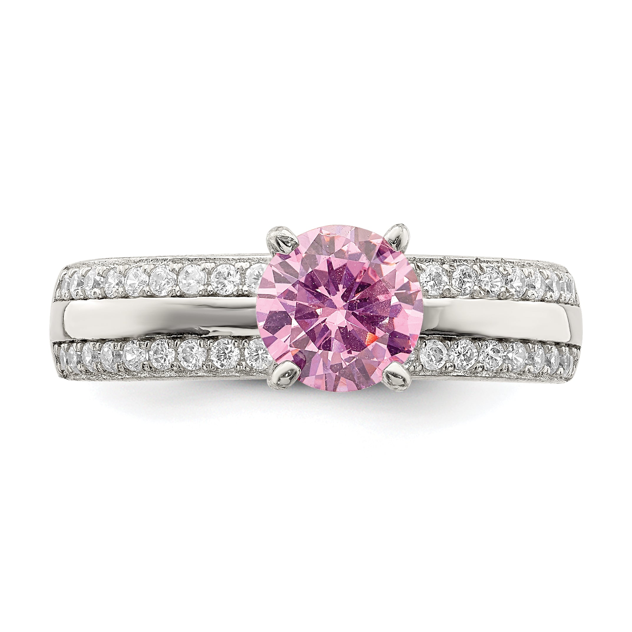 Sterling Silver Rhodium-Plated Pink and Clear Cubic Zirconi Ring