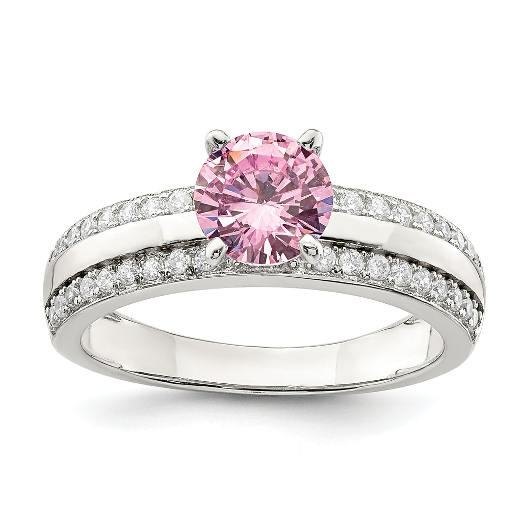 Sterling Silver Rhodium-Plated Pink and Clear Cubic Zirconi Ring