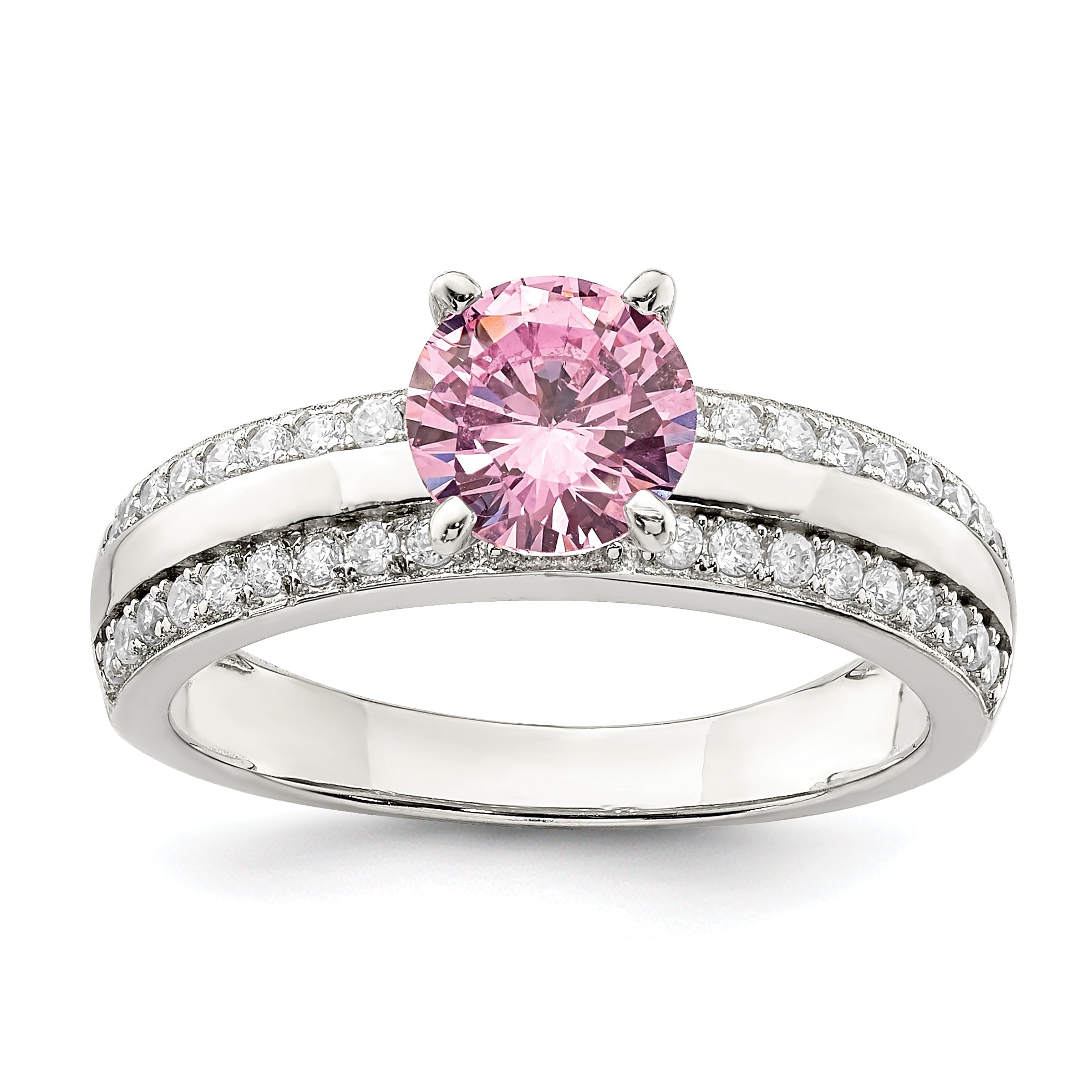 Sterling Silver Rhodium-plated Pink and Clear CZ Ring