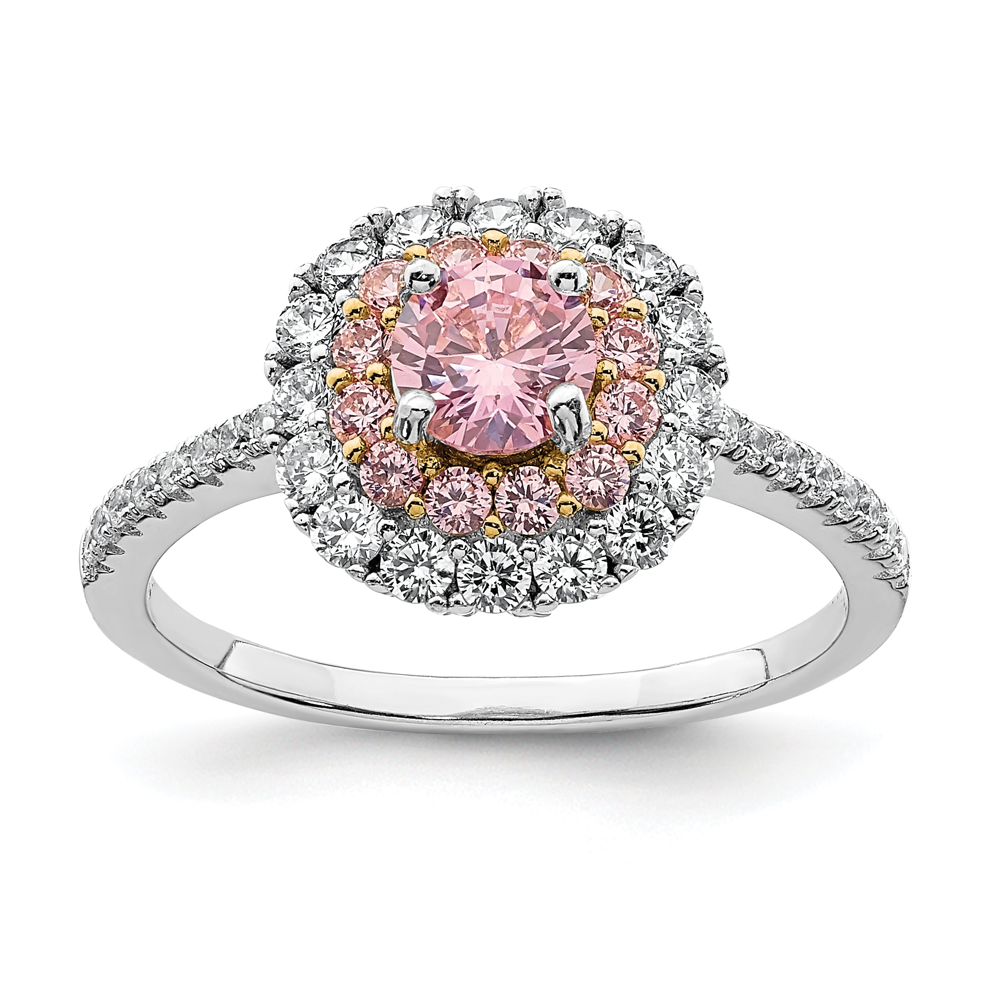 Sterling Silver Rhodium-plated/Gold-tone Pink & White CZ R/C Ring