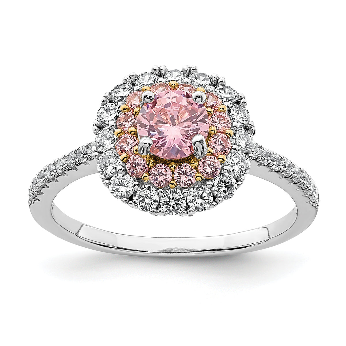 Sterling Silver Rhodium-plated/Gold-tone Pink & White CZ R/C Ring