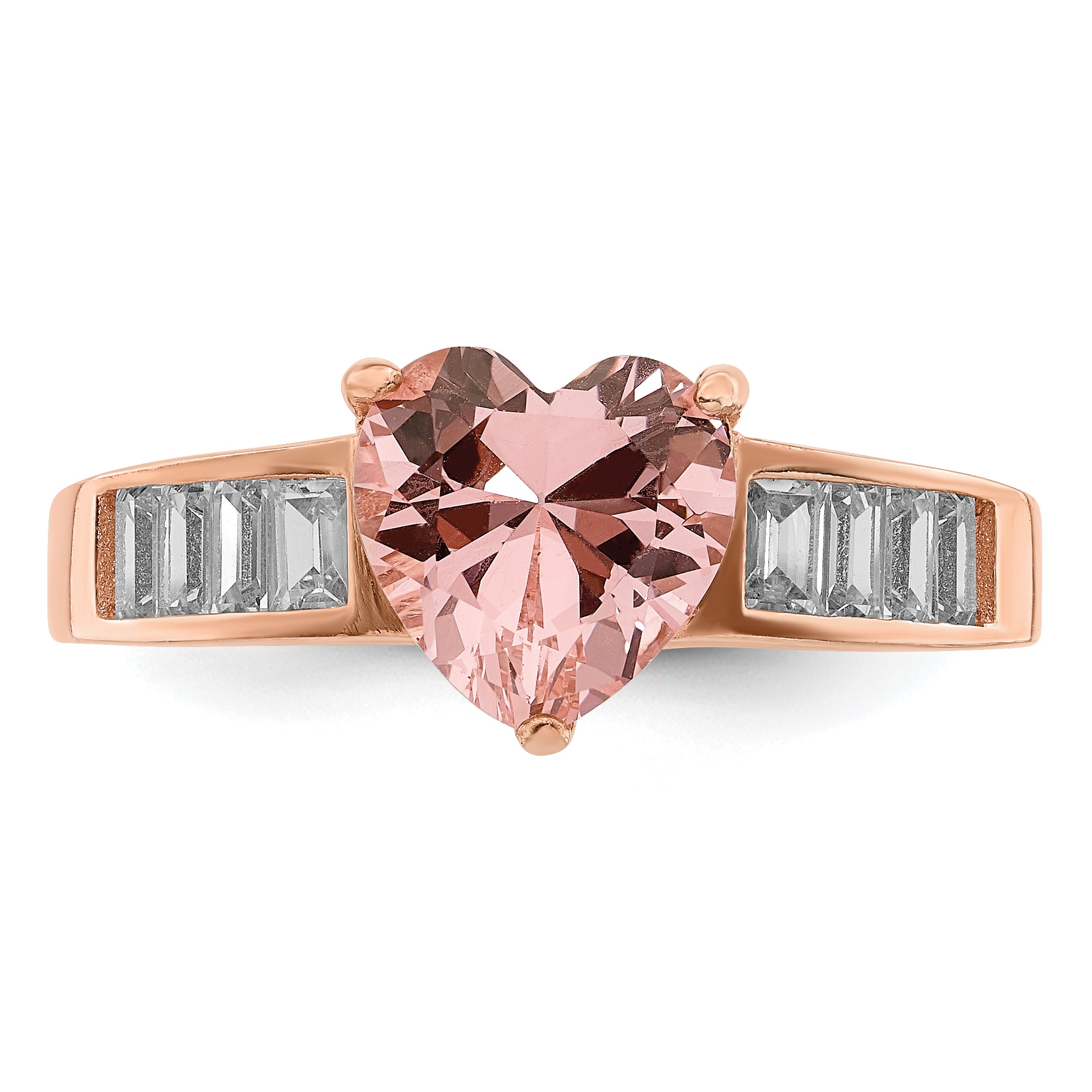 Sterling Silver Rose-plated Crystal Heart and White Cubic Zirconi Baguette Ring