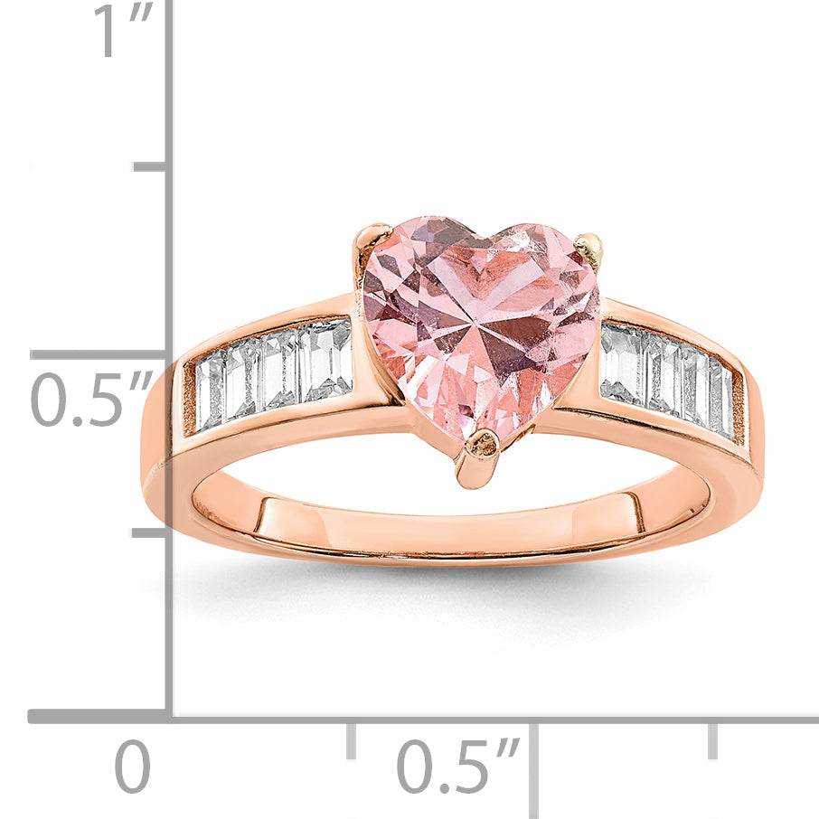 Sterling Silver Rose-plated Crystal Heart and White Cubic Zirconi Baguette Ring