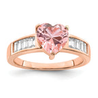 Sterling Silver Rose-plated Crystal Heart and White Cubic Zirconi Baguette Ring