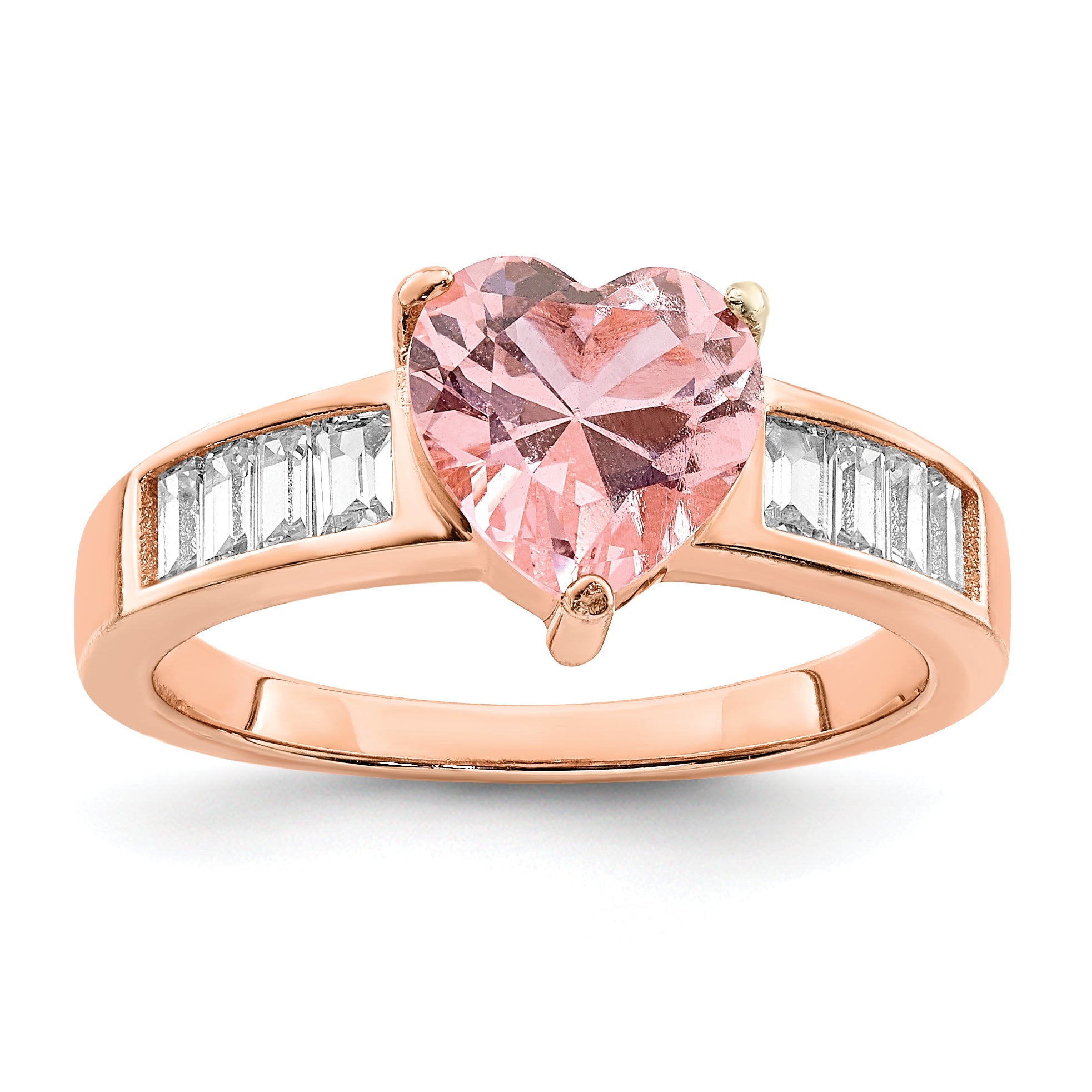 Sterling Silver Rose-plated Crystal Heart and White Cubic Zirconi Baguette Ring
