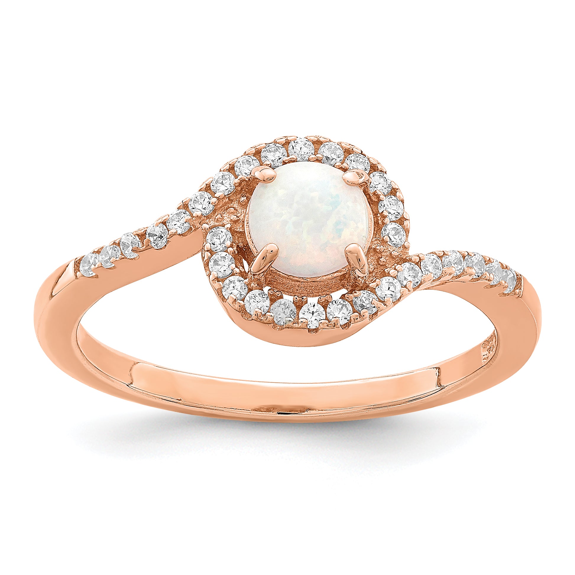 Sterling Silver Rose-tone Created Opal and CZ Halo Ring Main image