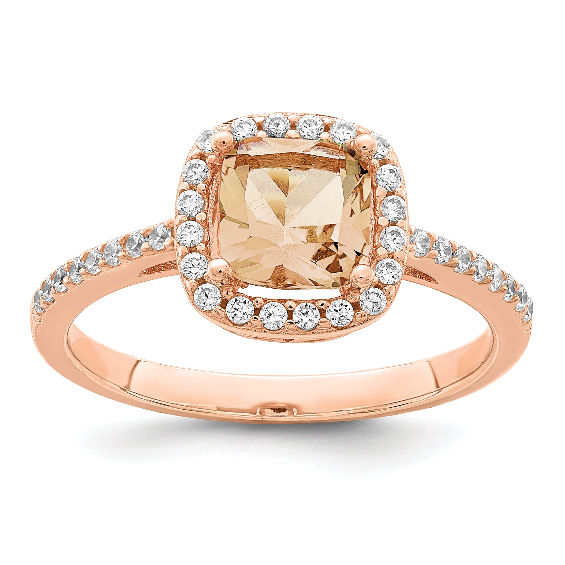 Sterling Silver Rose-tone Square Peach CZ Halo Ring Main image