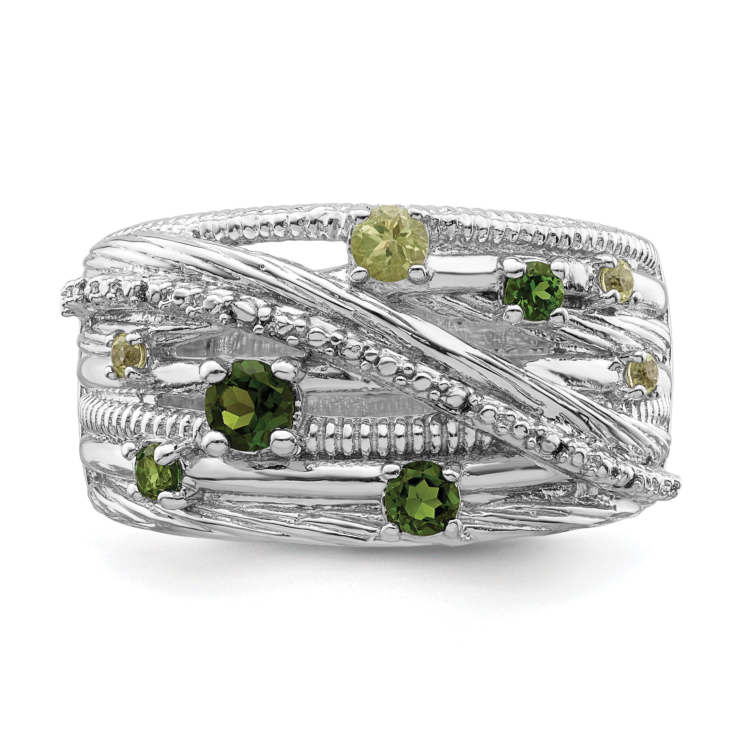 Sterling Silver Rhod-plat Chrome Diopside and Peridot Ring