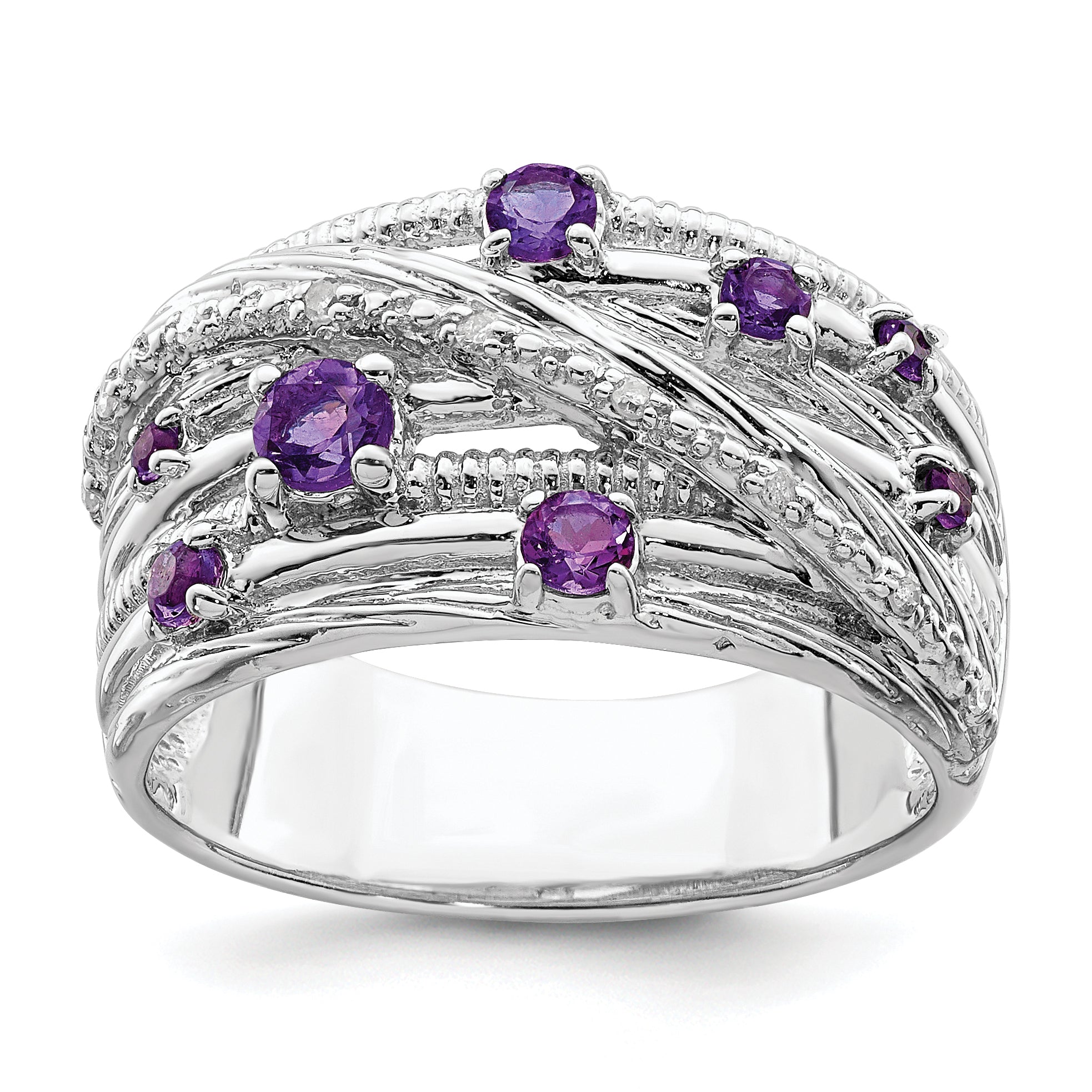 Sterling Silver Rhodium-plated Polished Amethyst and Diamond Ring Main image