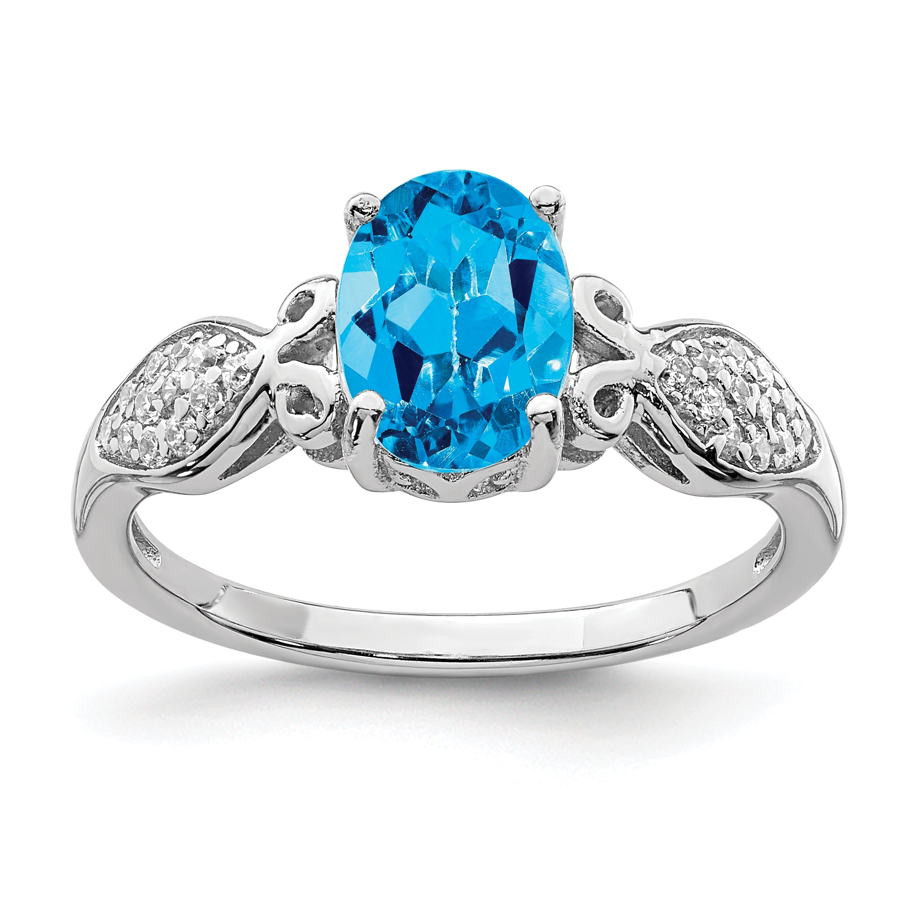 Sterling Silver Rhodium-platedod-plated Polished Blue Topaz and White Cubic Zirconi Ring