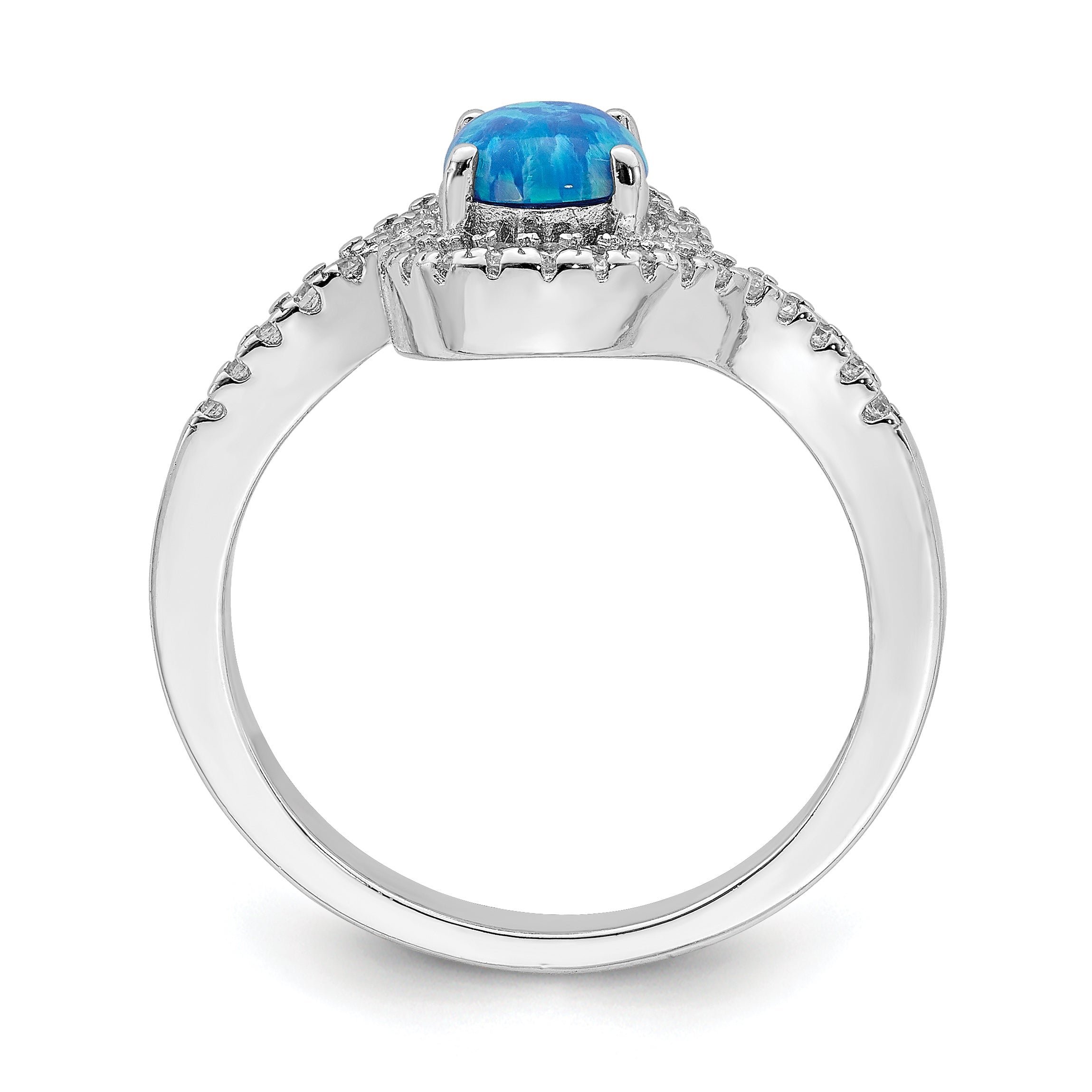 Sterling Silver Rhodium-plated Created Blue Opal /CZ Halo Ring Secondary image