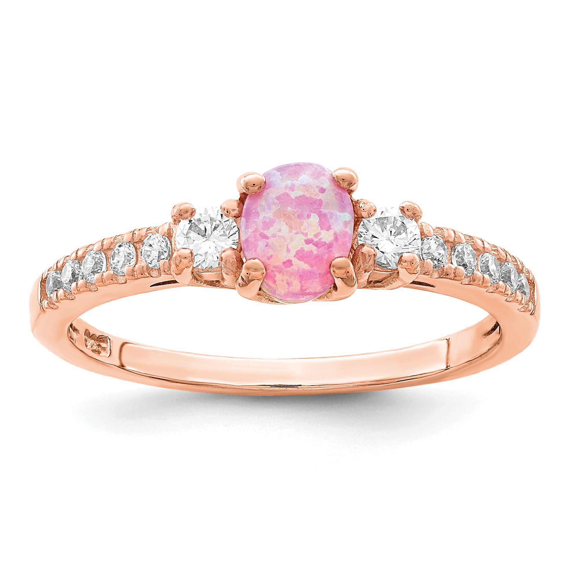 Sterling Silver Rose-tone Created Pink Opal and CZ Ring Main image