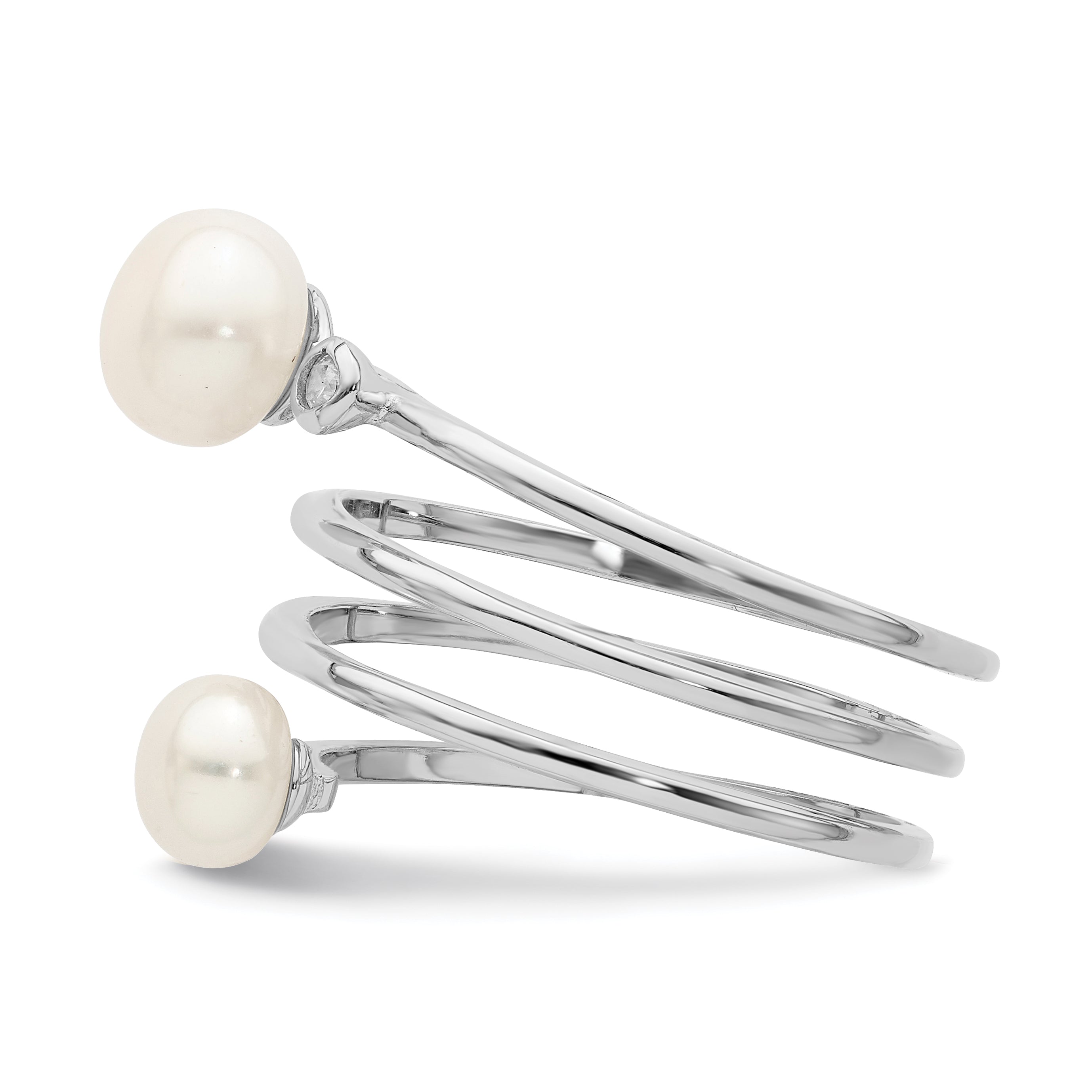 Sterling Silver Rhodium-plated 5-7mm White Button Freshwater Cultured Pearl and CZ Adjustable Ring