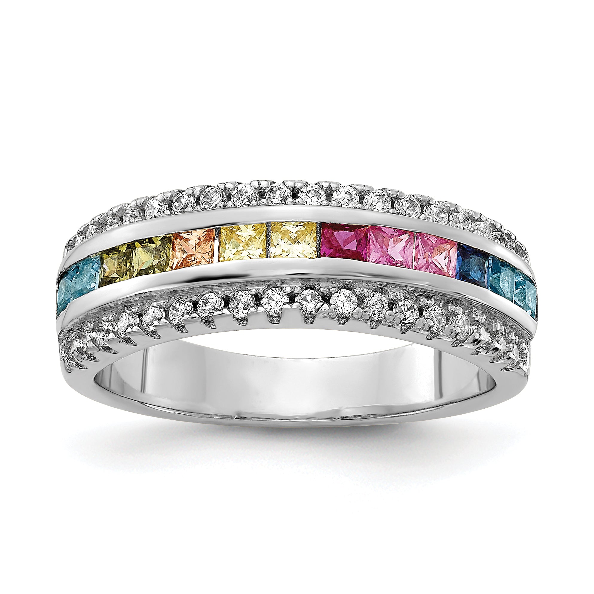 Prizma Sterling Silver Rhodium-plated Channel-Set Colorful and White CZ Ring Main image