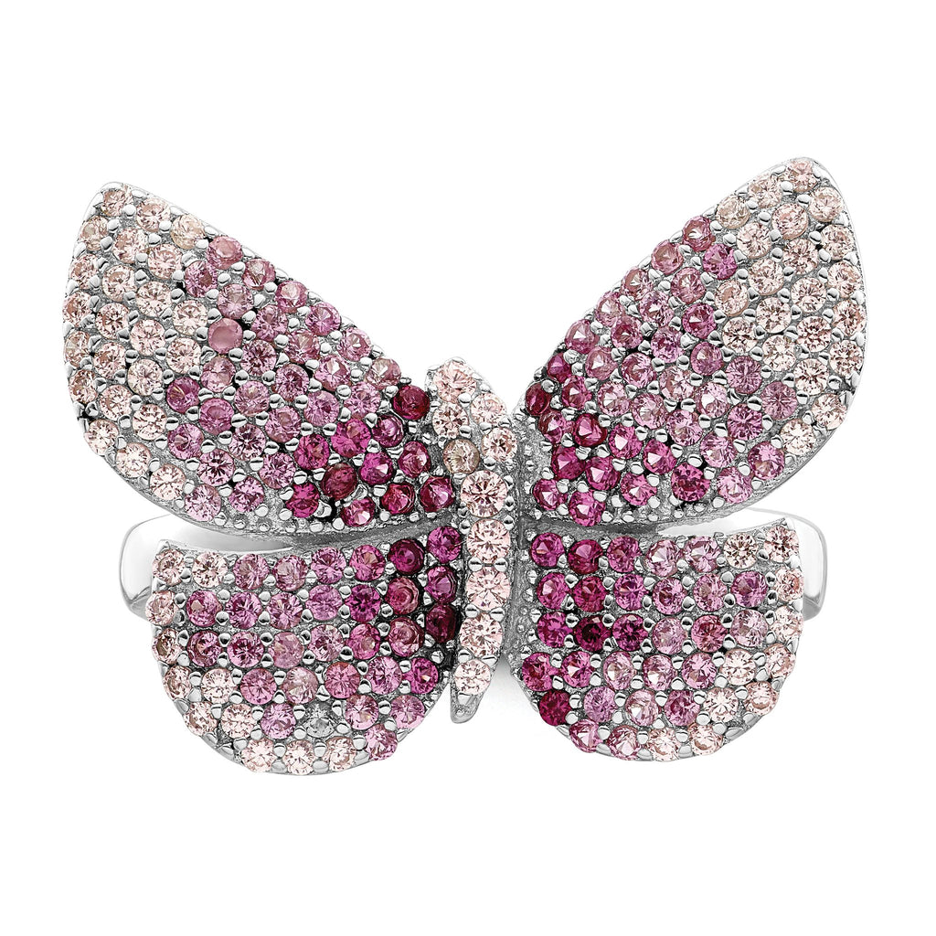 Sterling Silver Rhodium-plated Polished Pink CZ Butterfly Ring, Size 6–8 - Sophia Jewelers