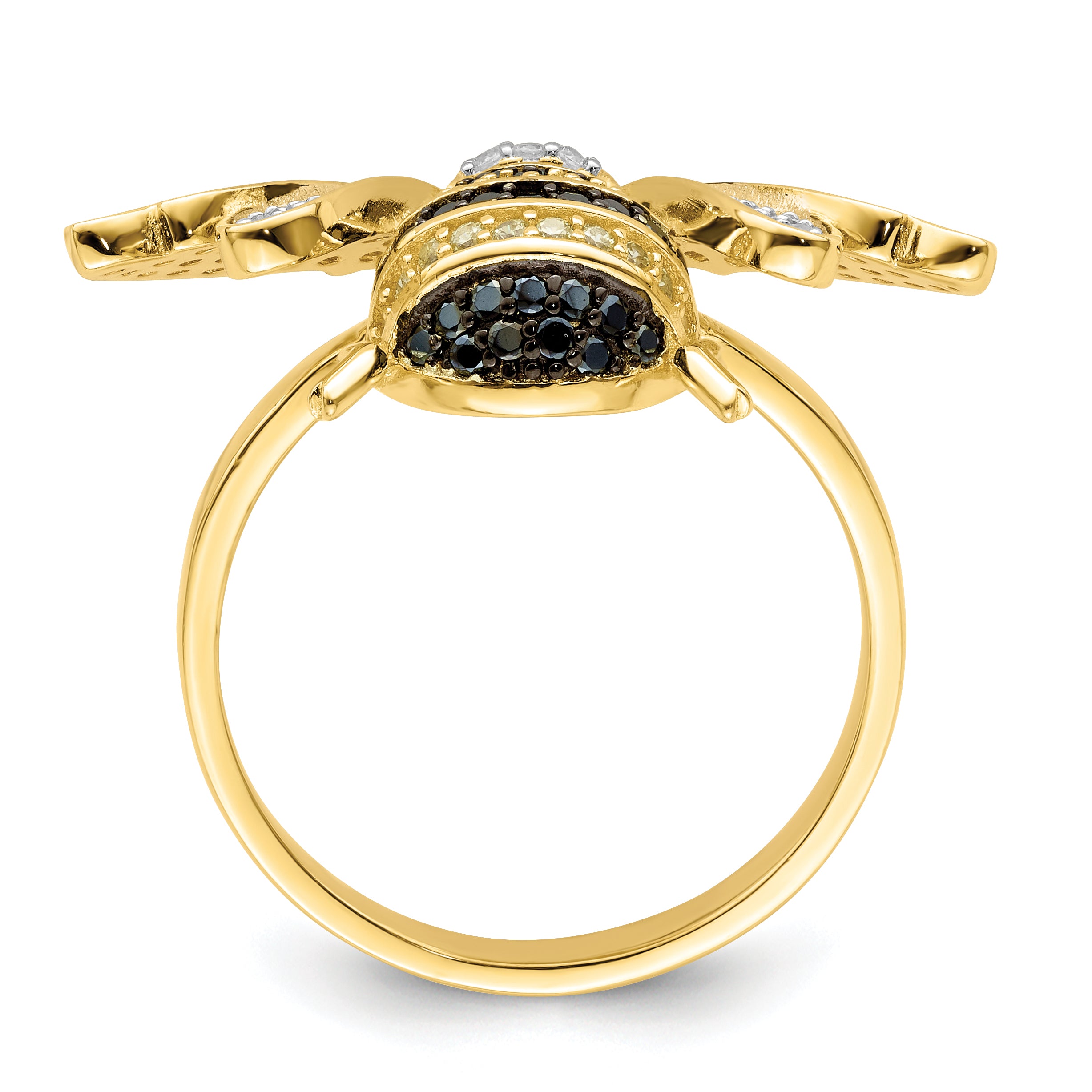 Sterling Silver Blk/White RH-plated Gold Tone CZ Bumblebee Ring Secondary image