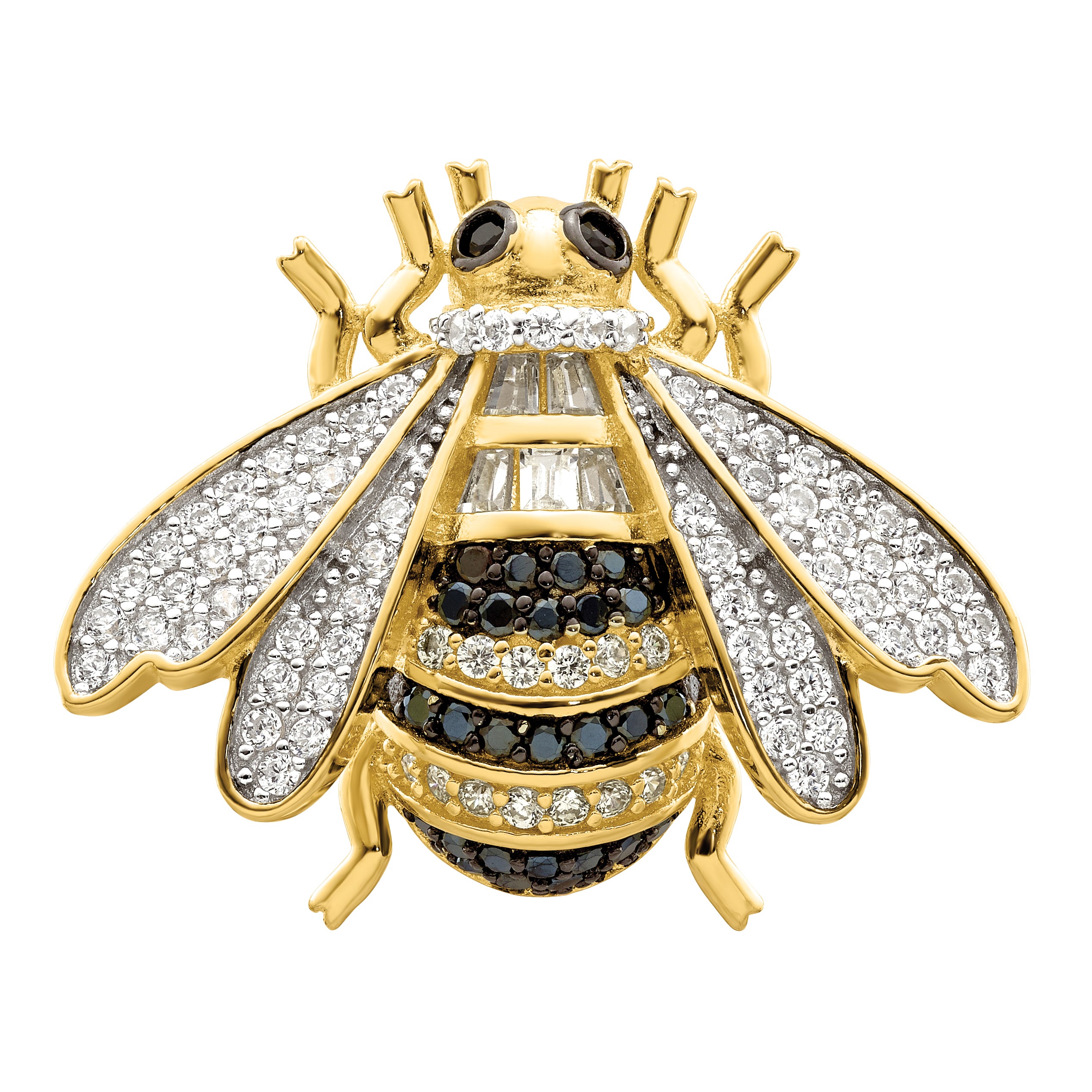 Sterling Silver Blk/White RH-plated Gold Tone CZ Bumblebee Ring