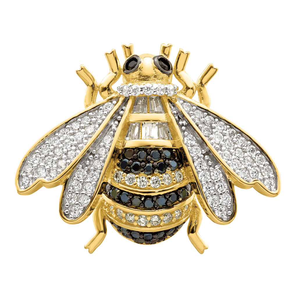 Sterling Silver Blk/White RH-plated Gold Tone CZ Bumblebee Ring