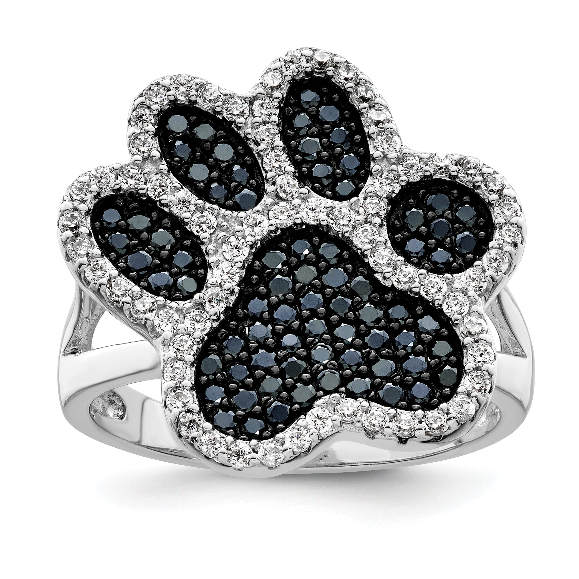 Sterling Silver Rhodium-plated Polished CZ Paw Print Ring Main image
