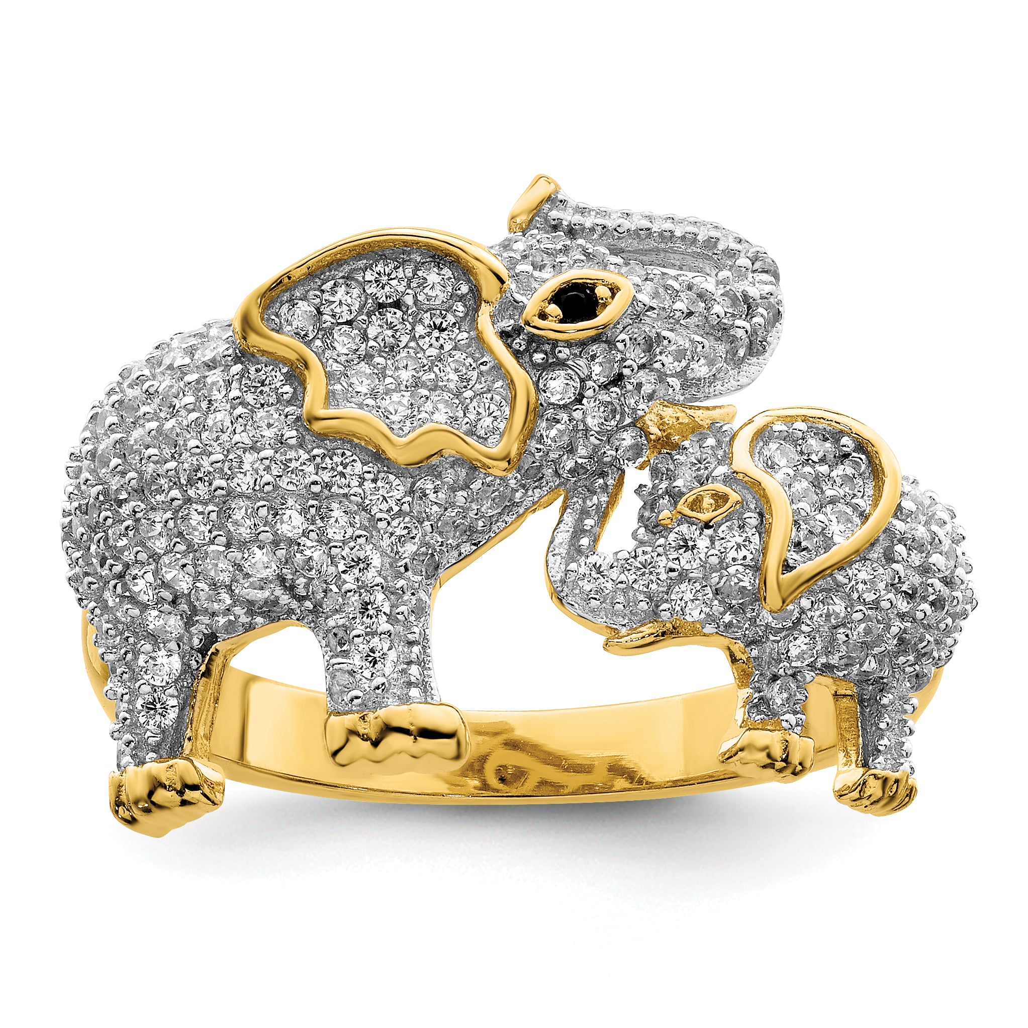 Sterling Silver Rhodium-plated Gold Tone Mom & Baby CZ Elephants Ring Main image