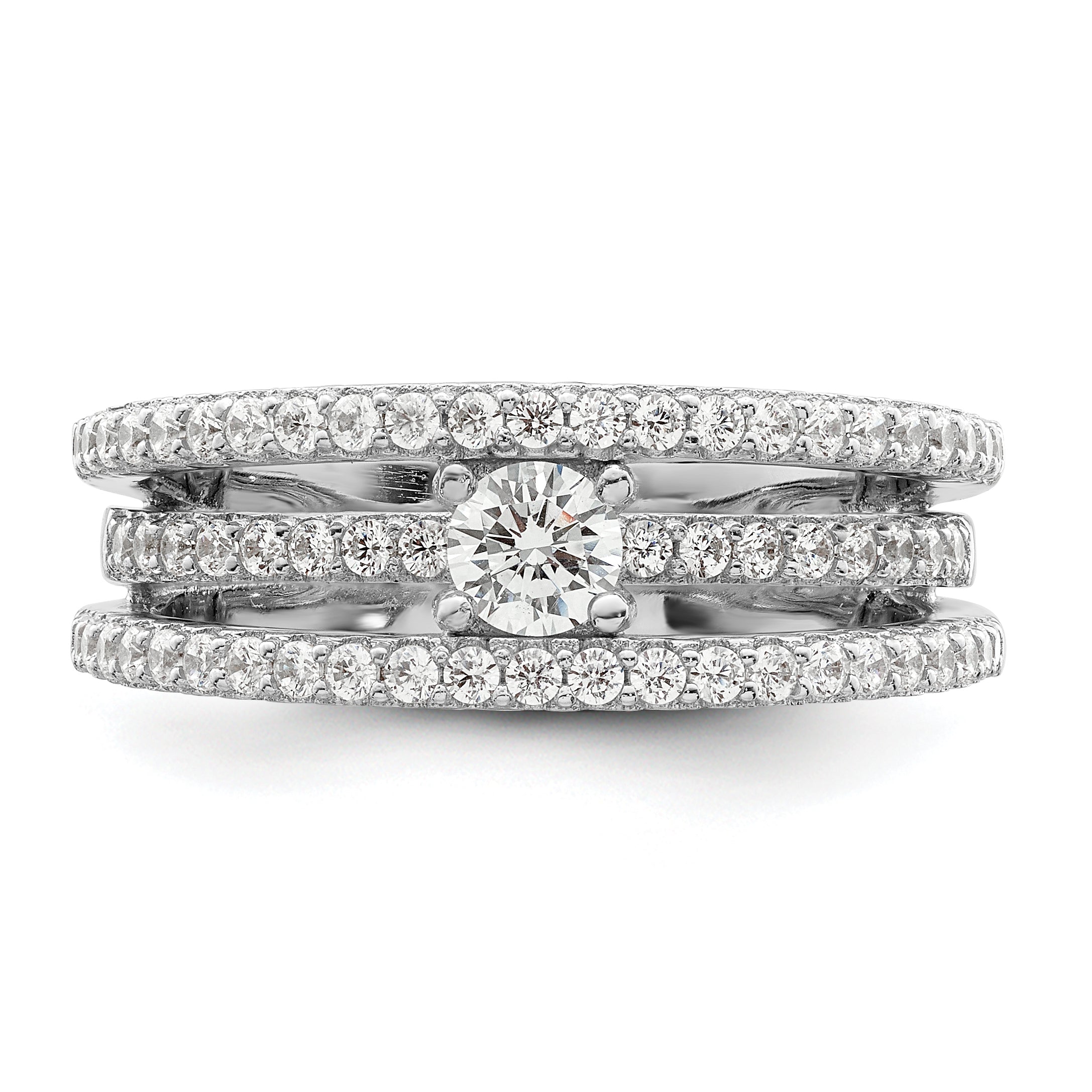 Sterling Silver Rhodium-plated CZ 3 Row Ring