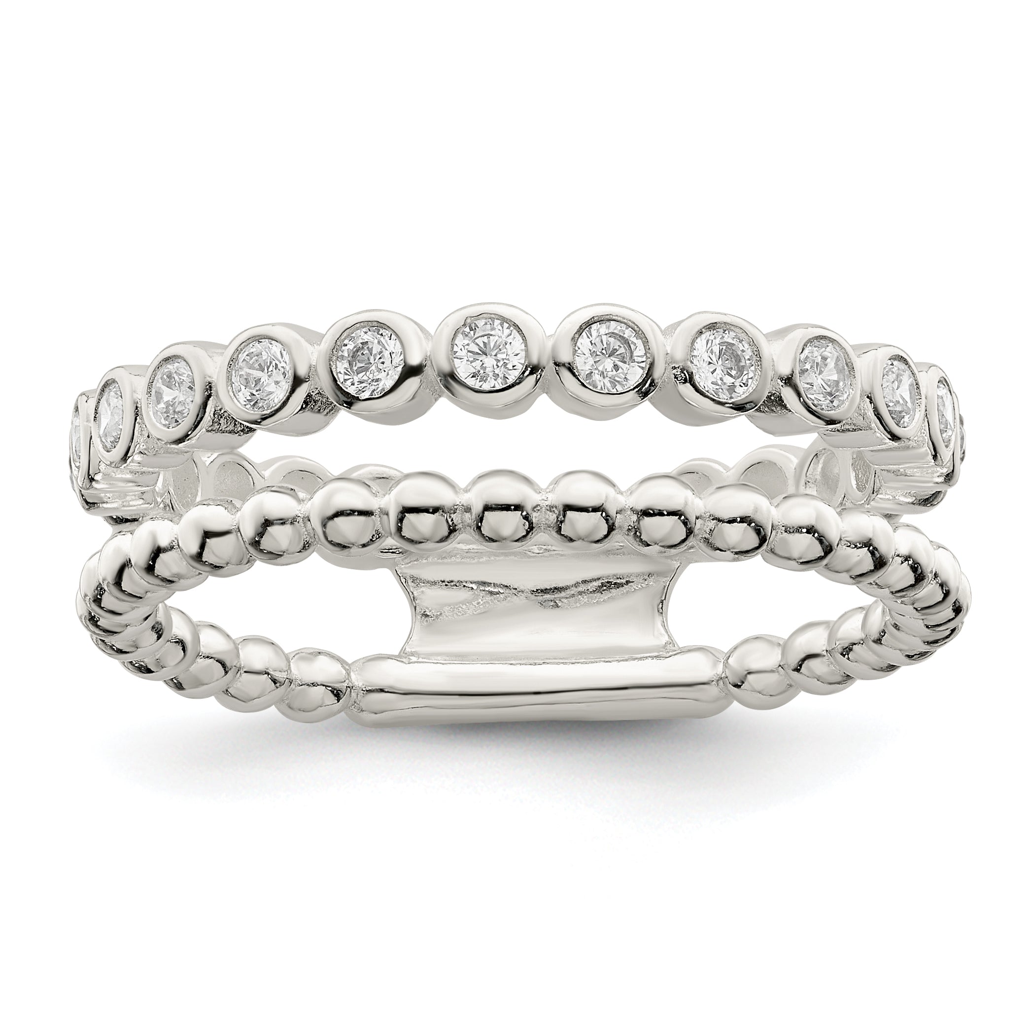 Sterling Silver Polished CZ Beaded Double Fancy Ring Main image