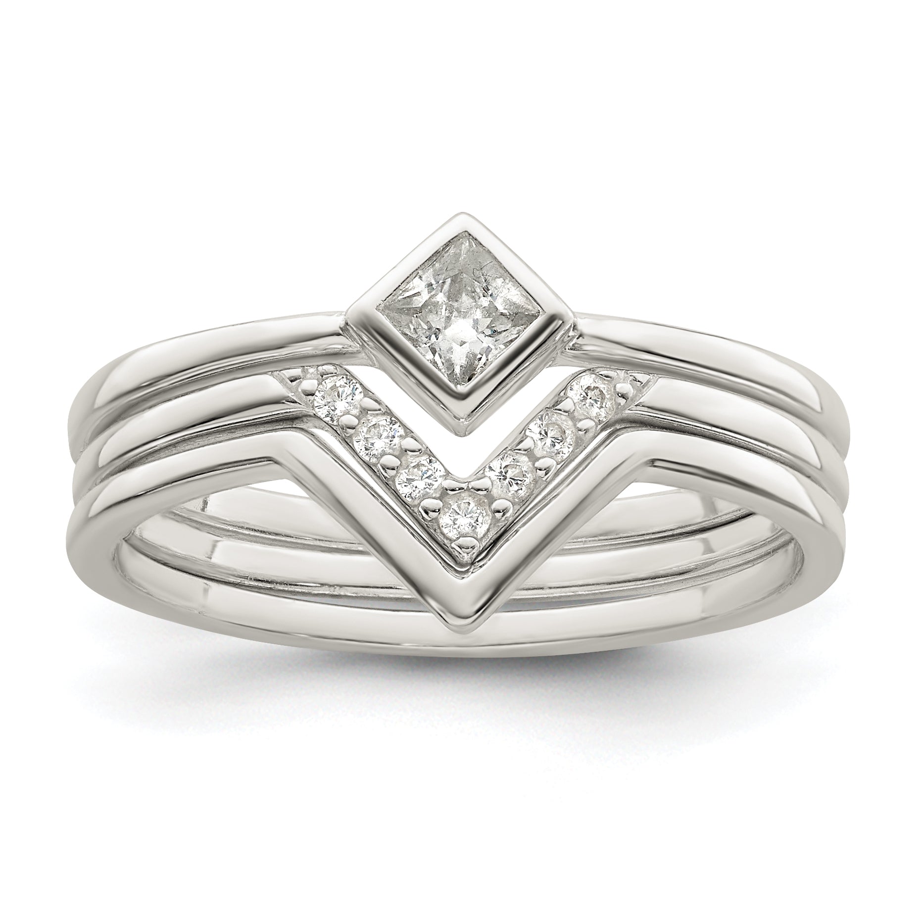 Sterling Silver Polished Square CZ 3 Ring Set Main image