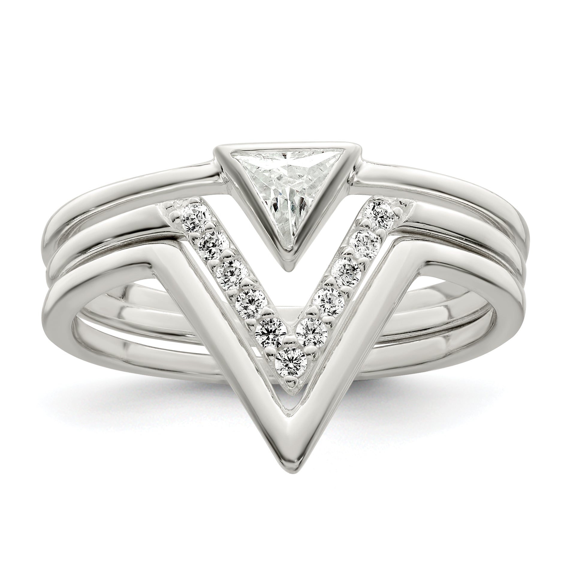 Sterling Silver Polished Triangle CZ 3 Ring Set Main image