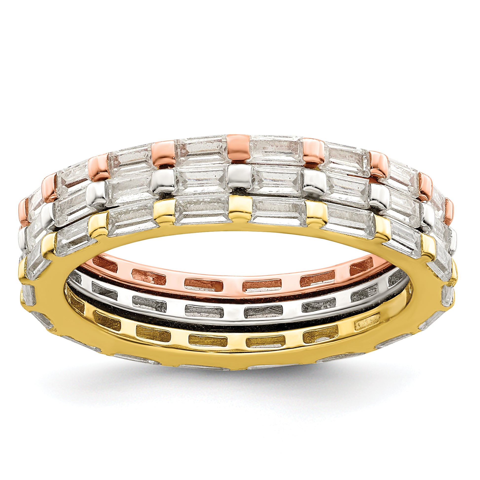 Sterling Silver Rose & Gold-tone Baguette CZ Eternity 3 Band Set Main image