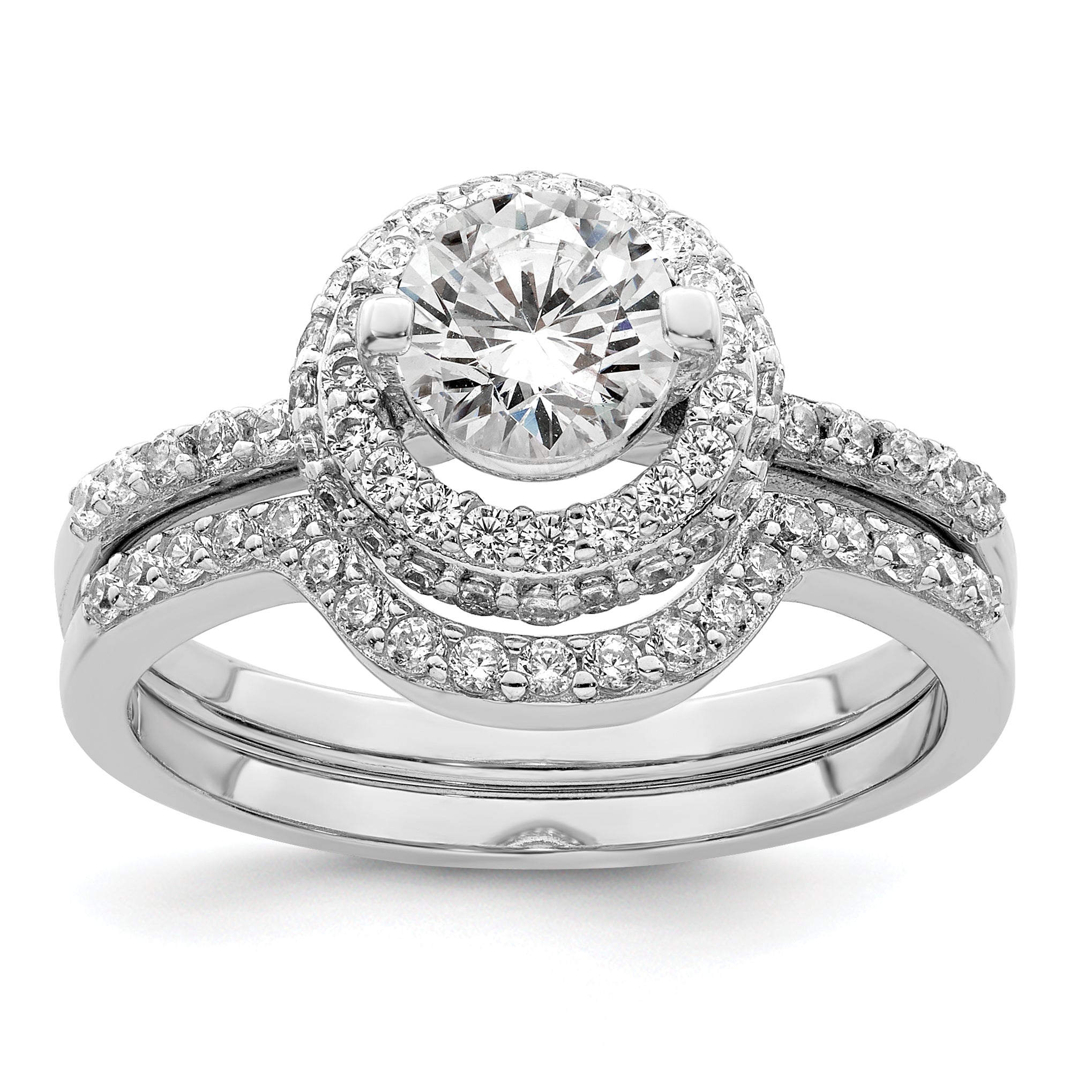 Sterling Silver Rhodium-plated CZ Halo Engagement Ring & Band Set Main image