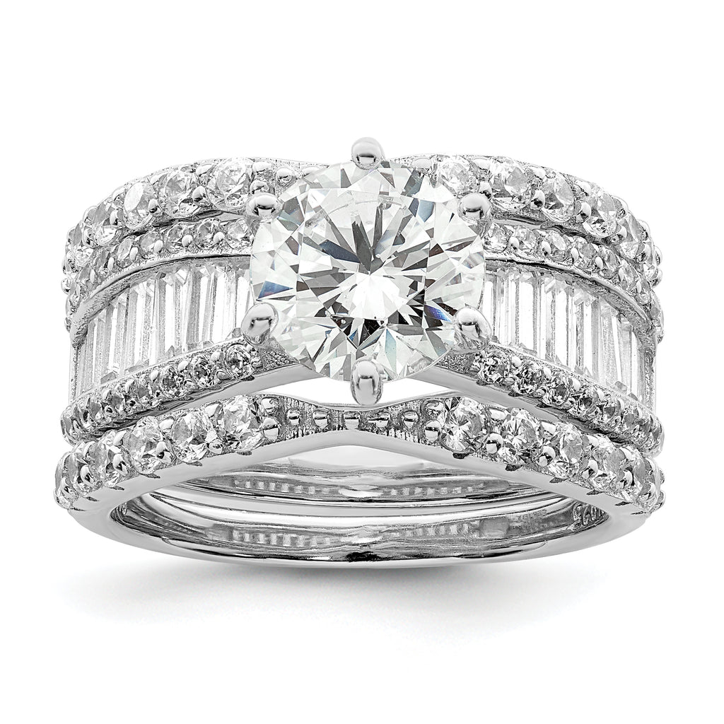 Sterling Silver Polished Rhodium-Plated Cubic Zirconi Trio 3 Ring Set