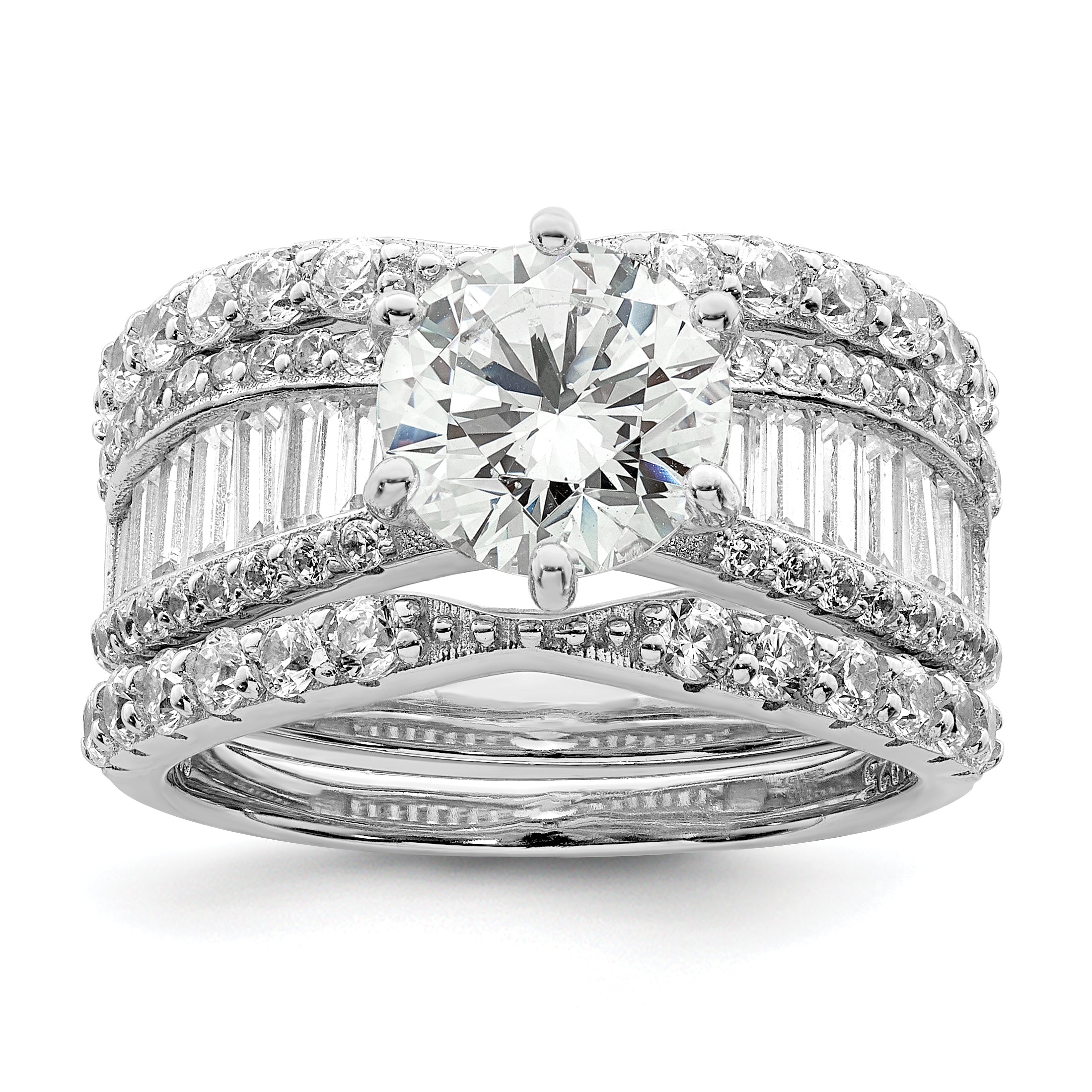 Sterling Silver Polished Rhodium-Plated Cubic Zirconi Trio 3 Ring Set